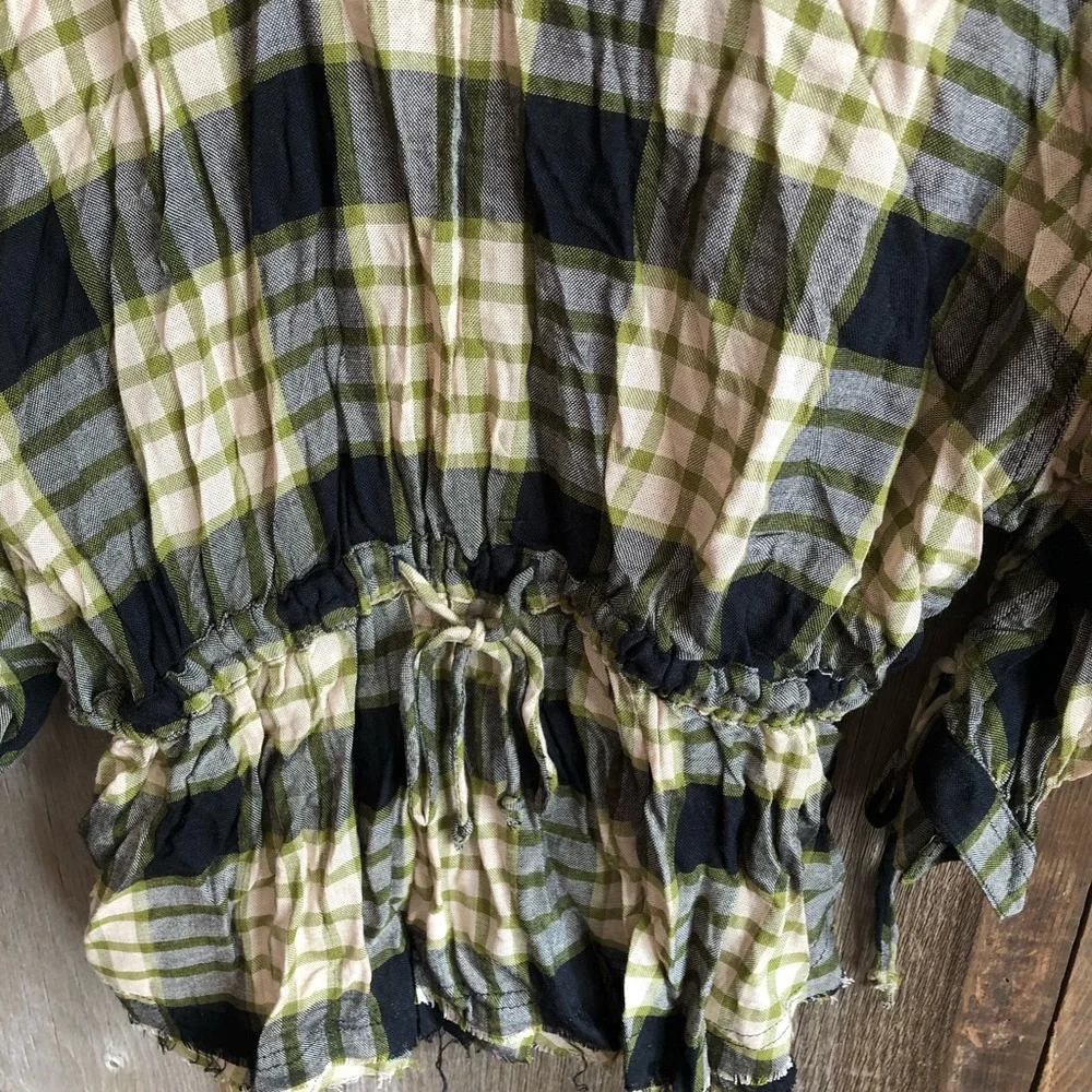 Free People Black Plaid Ruched Sleeve Pacific Dawn Button Down Shirt Small
